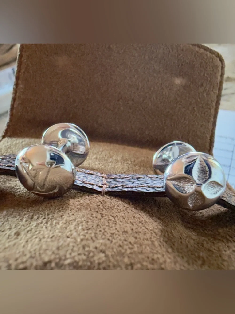 Louis Vuitton Damier Ebene Cufflinks Case With LV 925 Sterling Silver Cufflinks